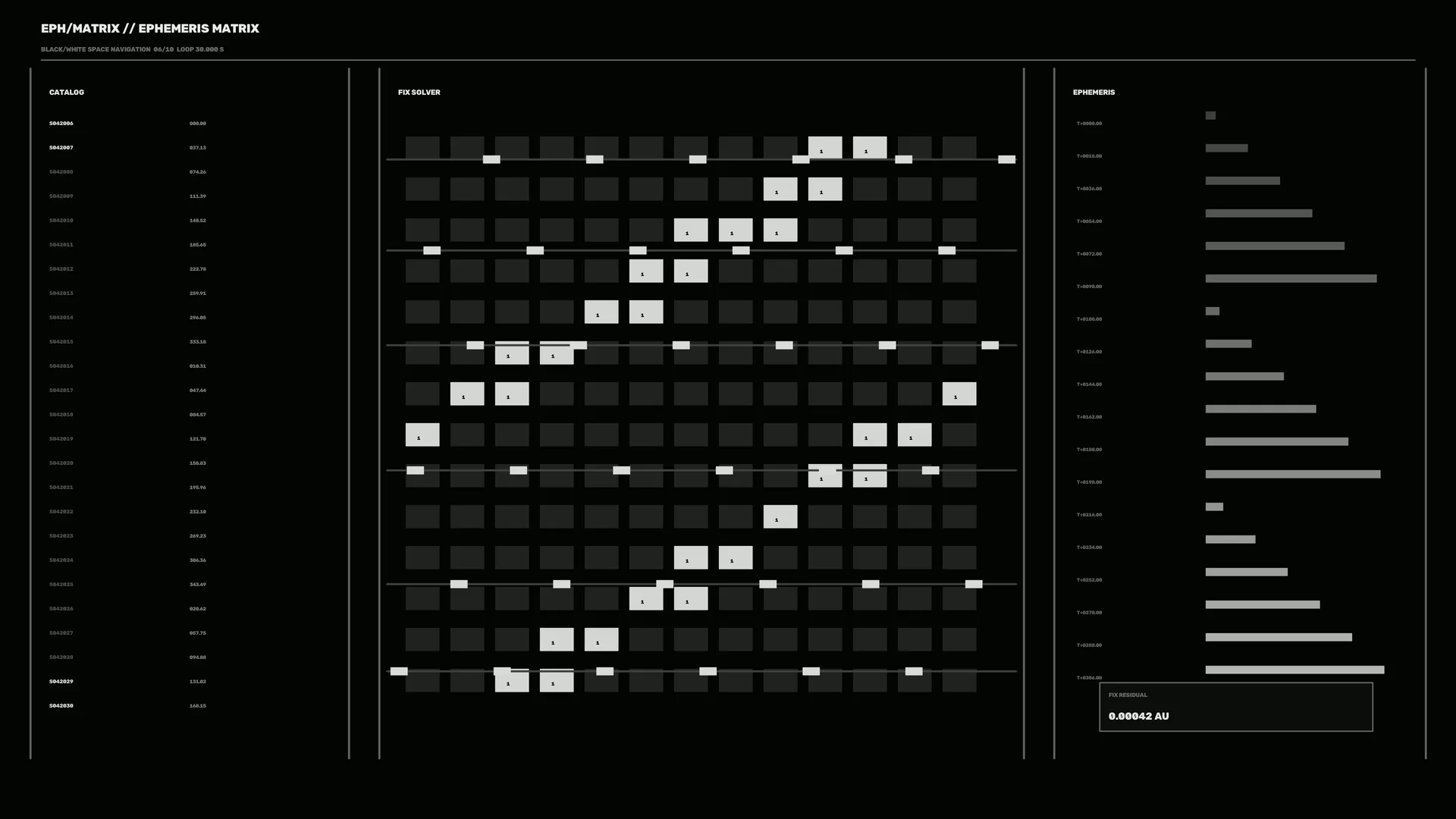 Black and white orbital data matrix — astronomical interface wallpaper at 3840x2160