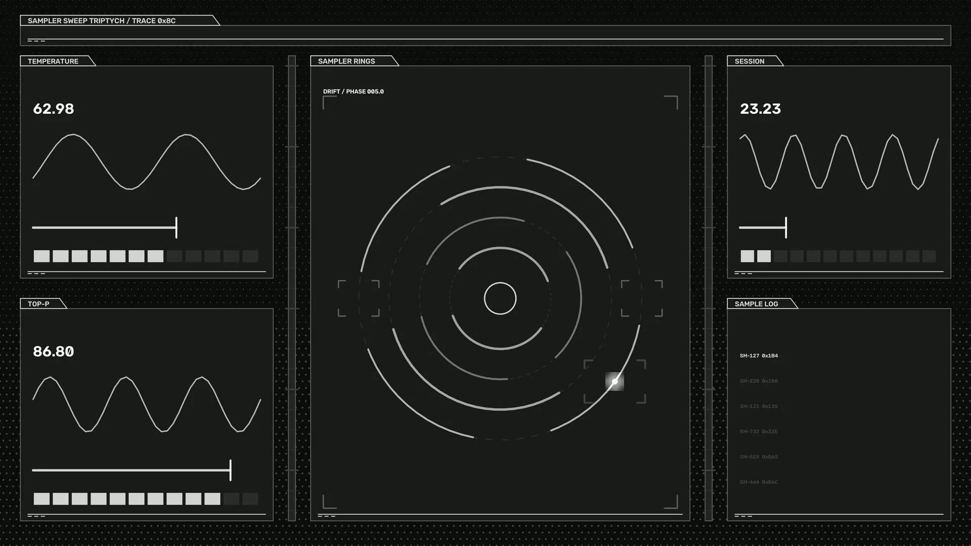 Monochrome sampler rings and waveform panels — sampler interface wallpaper at 3840x2160