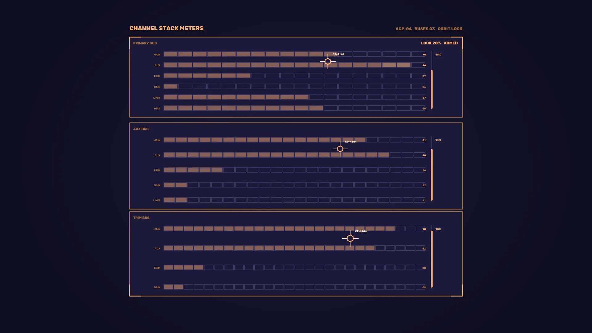 Channel stack meters in amber and indigo — channel meters wallpaper at 3840x2160