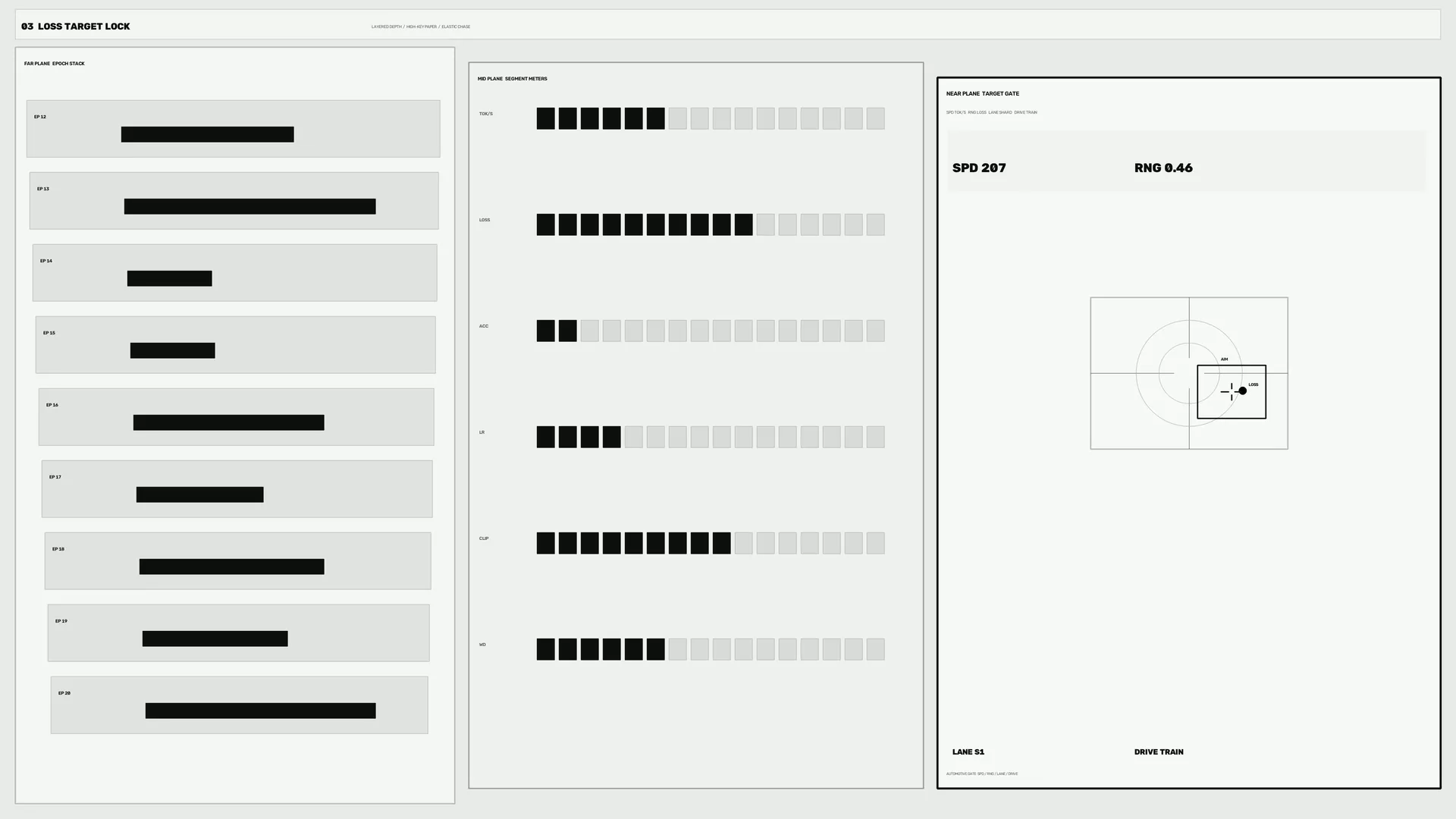 Monochrome targeting dashboard with signal grids — dashboard wallpaper at 3840x2160