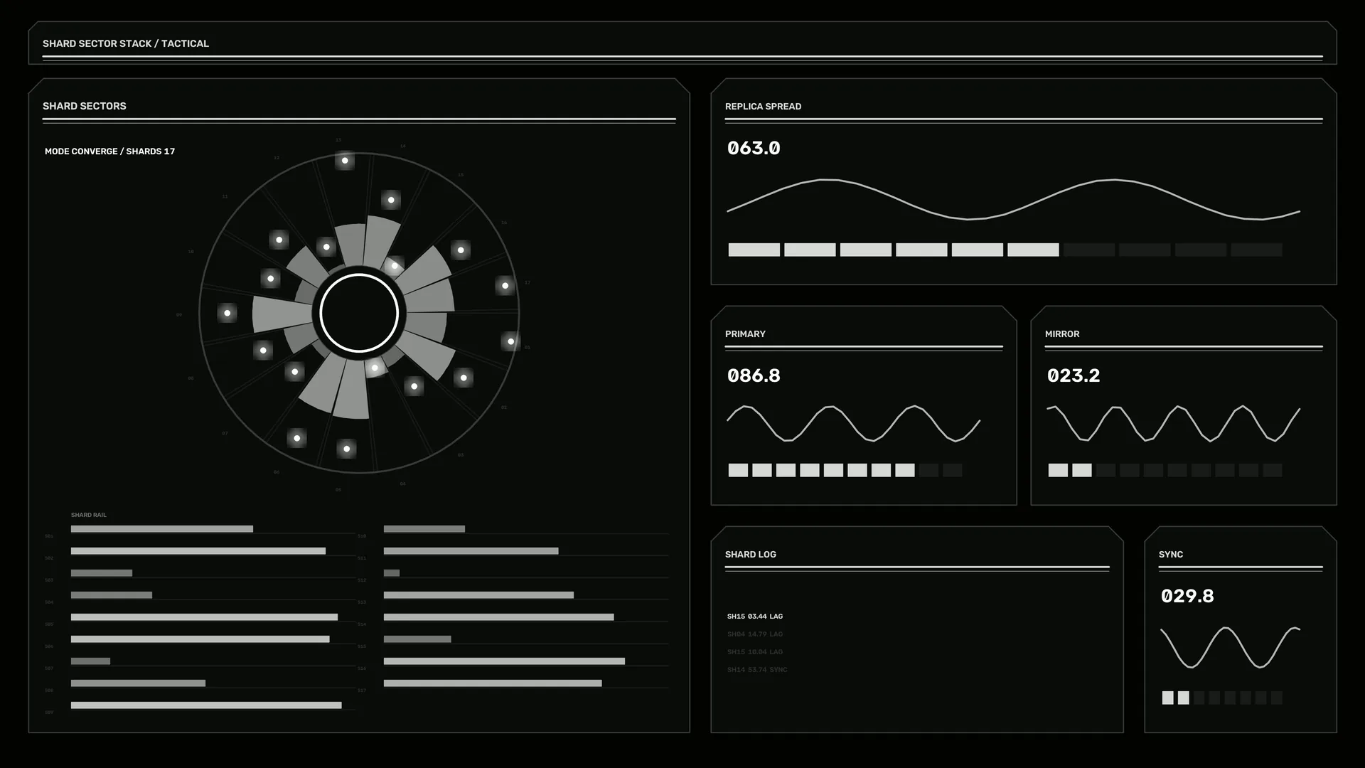 Tactical shard system dashboard in monochrome — dashboard wallpaper at 3840x2160