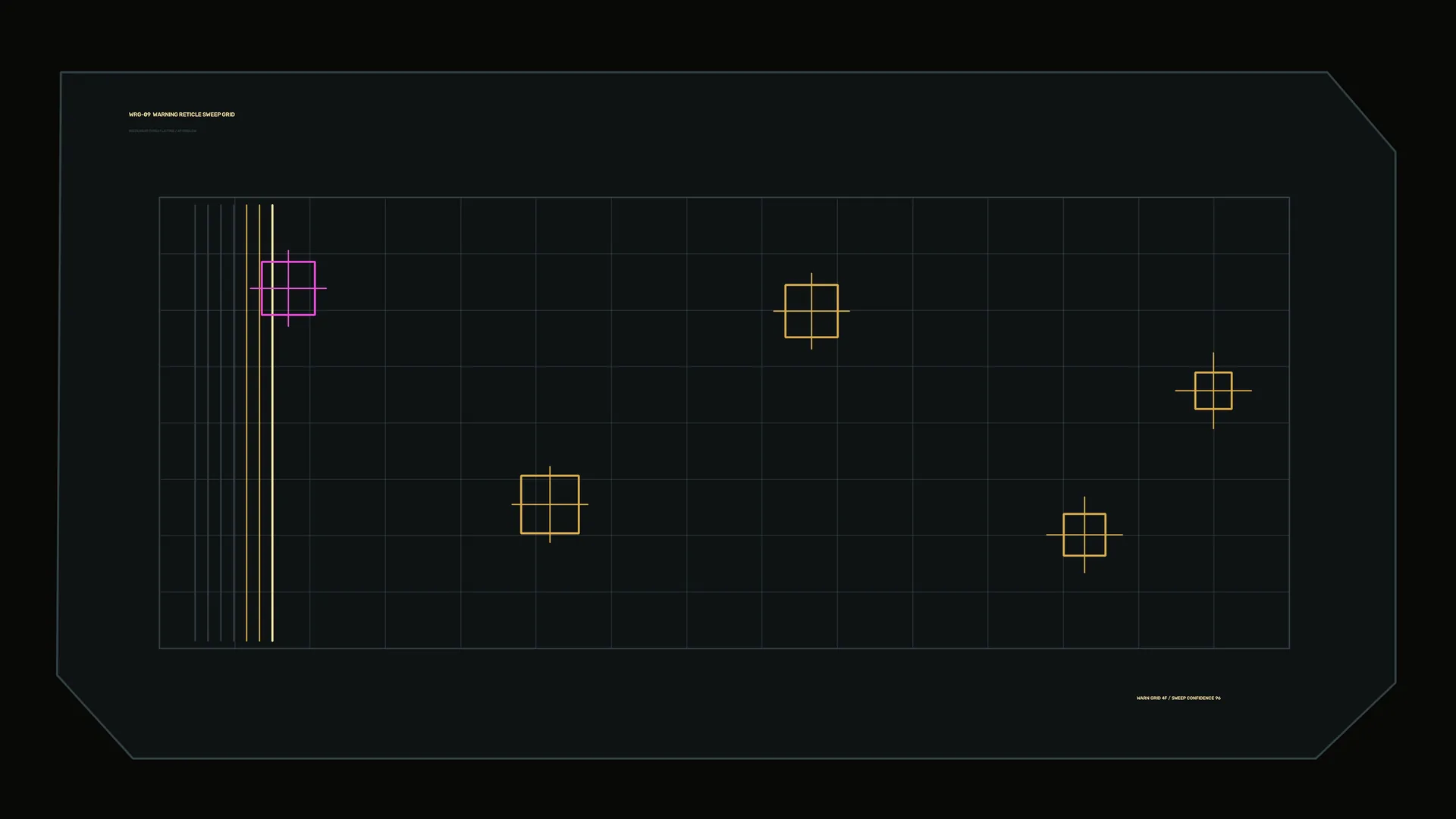 Dark orbital grid with luminous geometric markers — coordinate grid wallpaper at 3840x2160