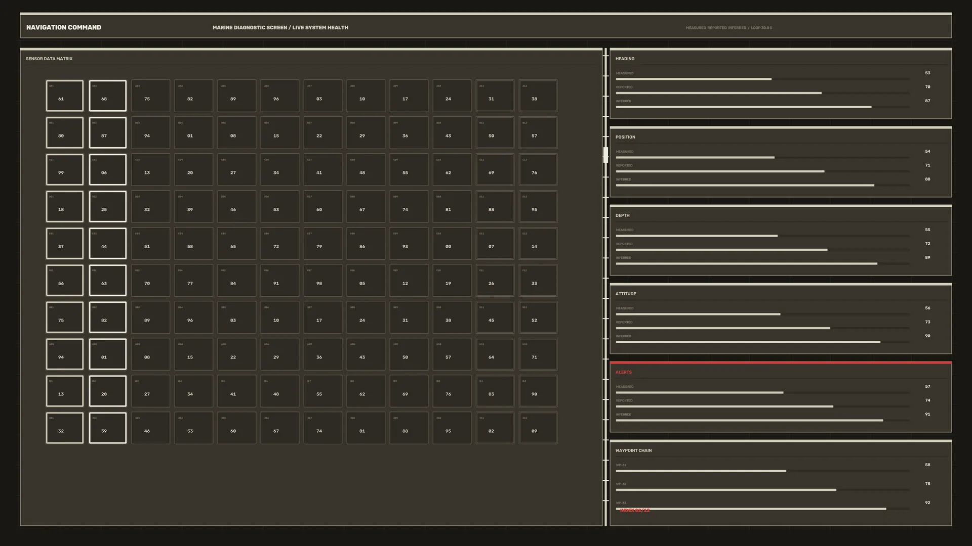 Marine diagnostic grid in charcoal and ivory — diagnostic interface wallpaper at 3840x2160