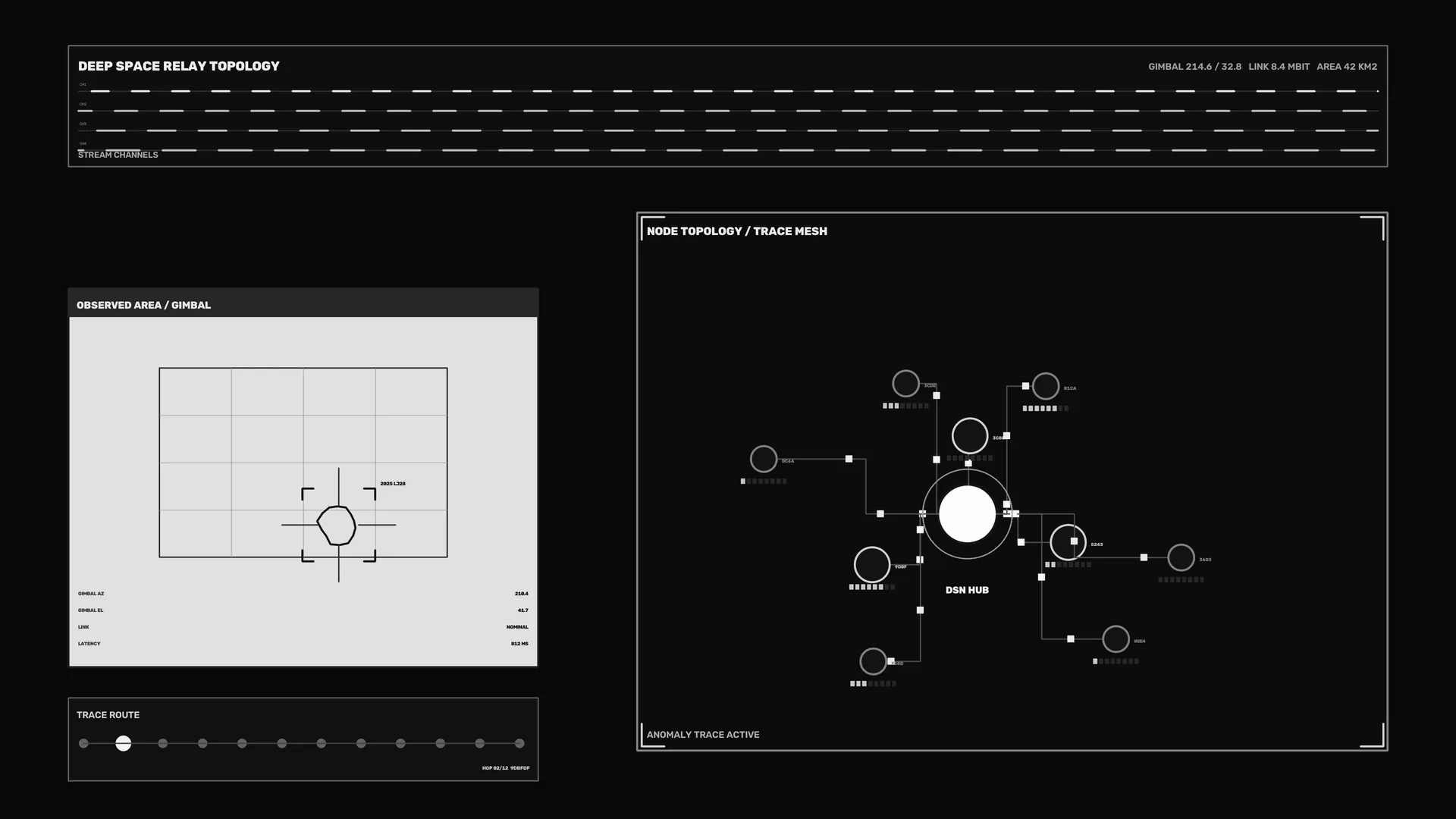 Deep-space relay topology in monochrome lines — deep space wallpaper at 3840x2160