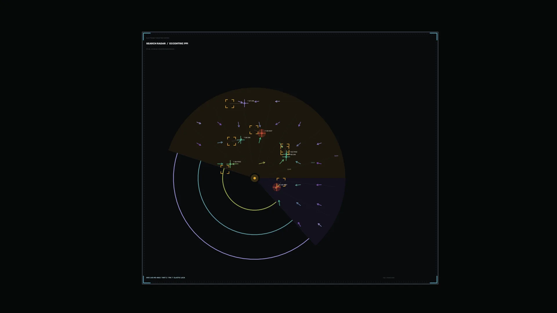 Dark radar chart with orbital signal paths — radar wallpaper at 3840x2160