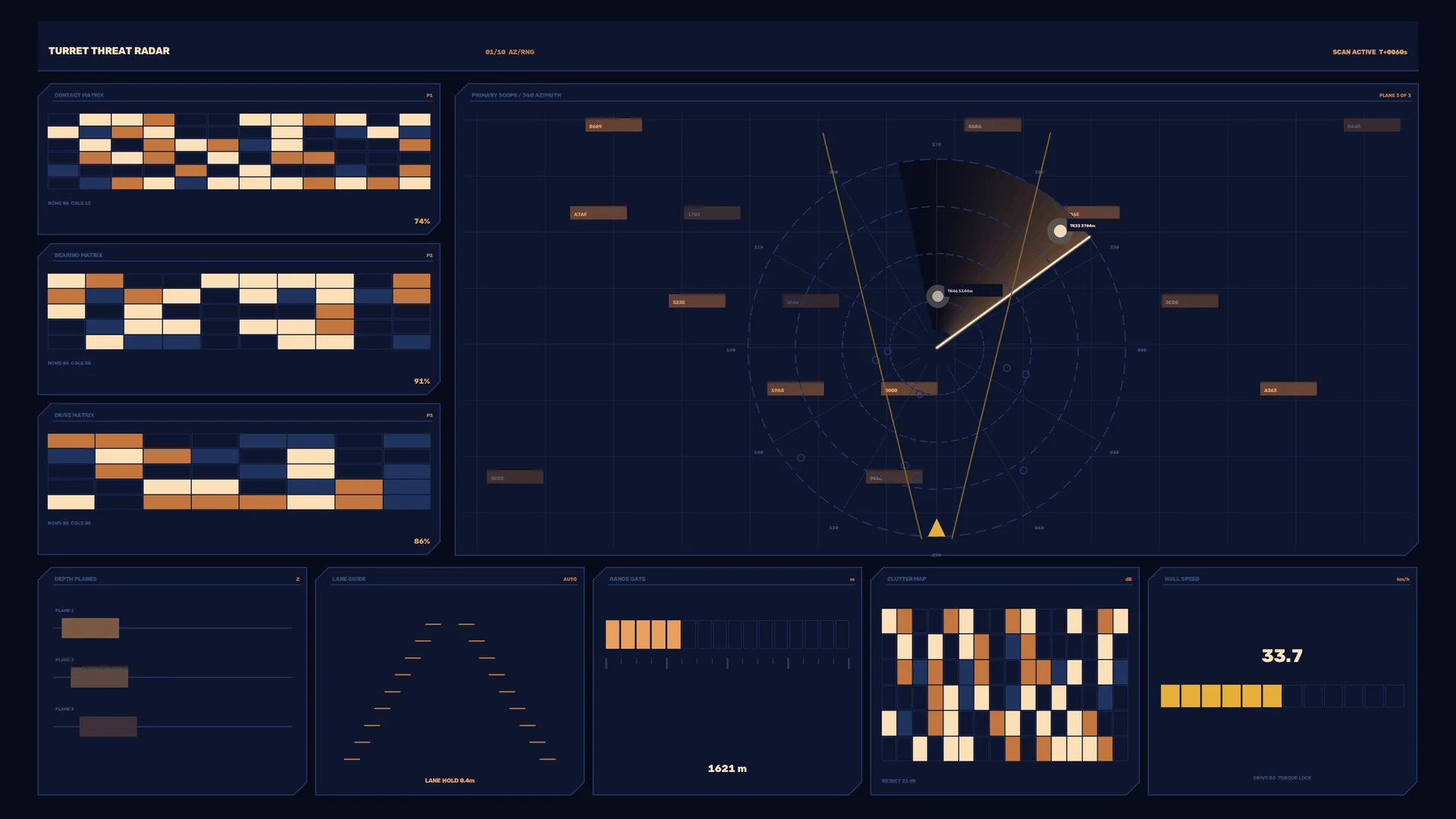 Dark radar interface with amber signal geometry — radar interface wallpaper at 3840x2160