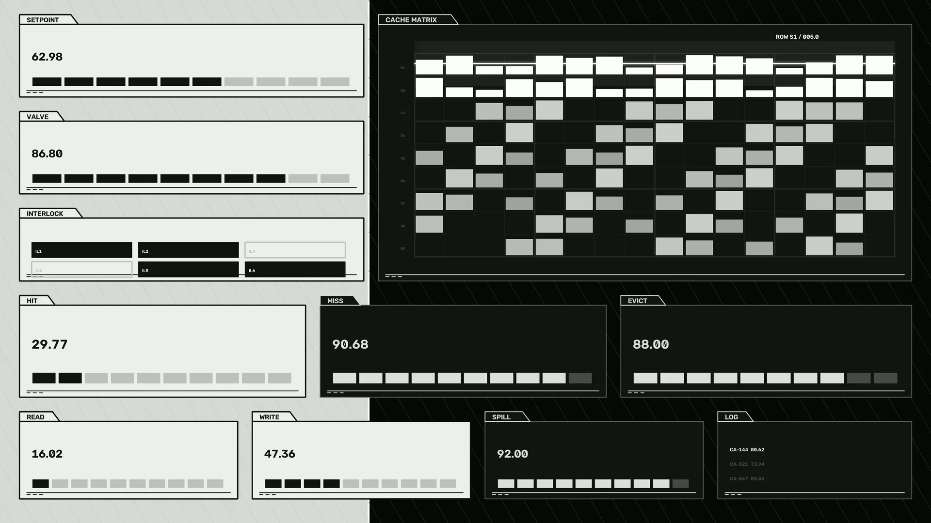 Monochrome cache matrix with modular status panels — monochrome interface wallpaper at 3840x2160