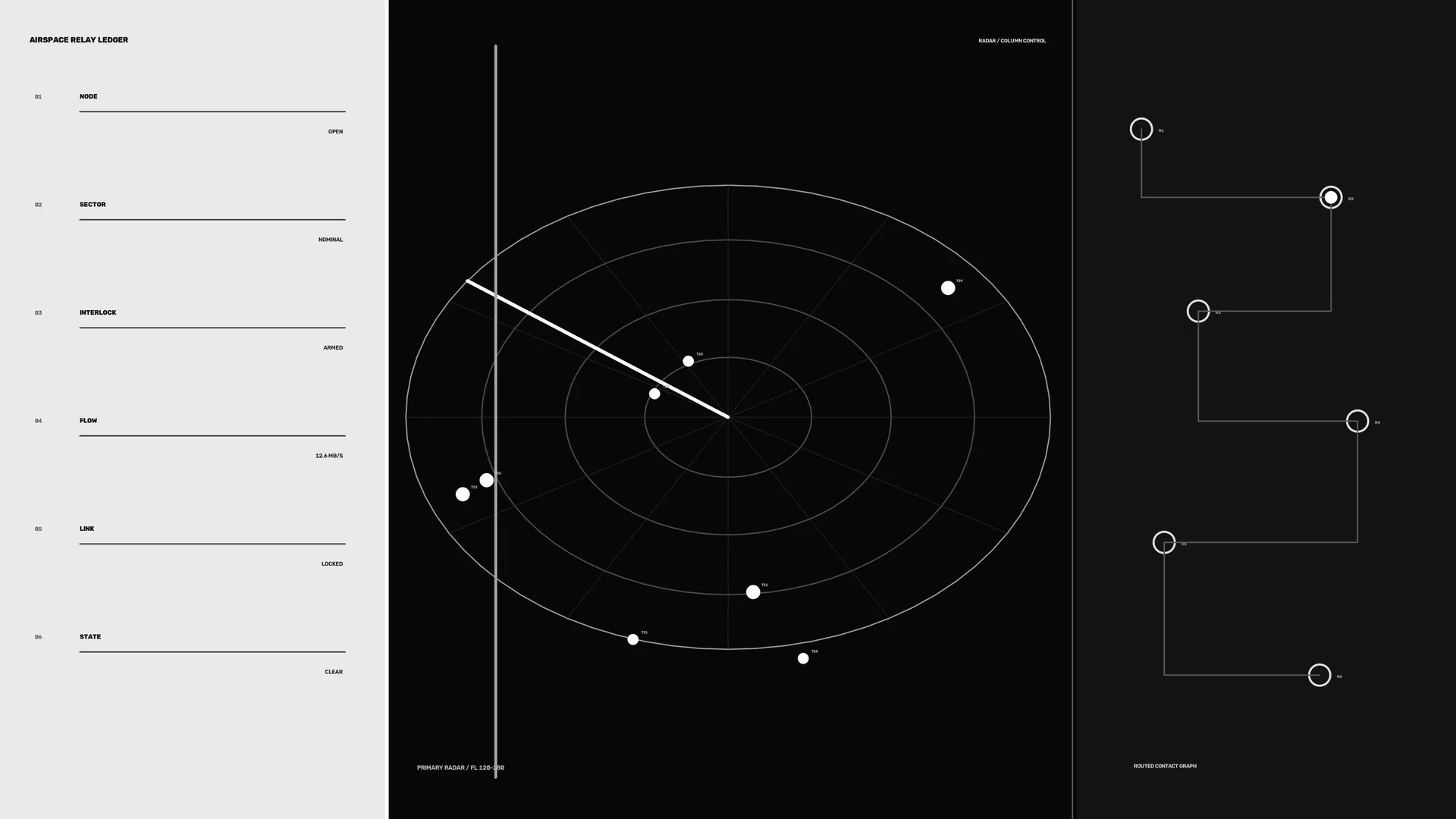Monochrome radar diagram with orbital nodes — radar diagram wallpaper at 3840x2160