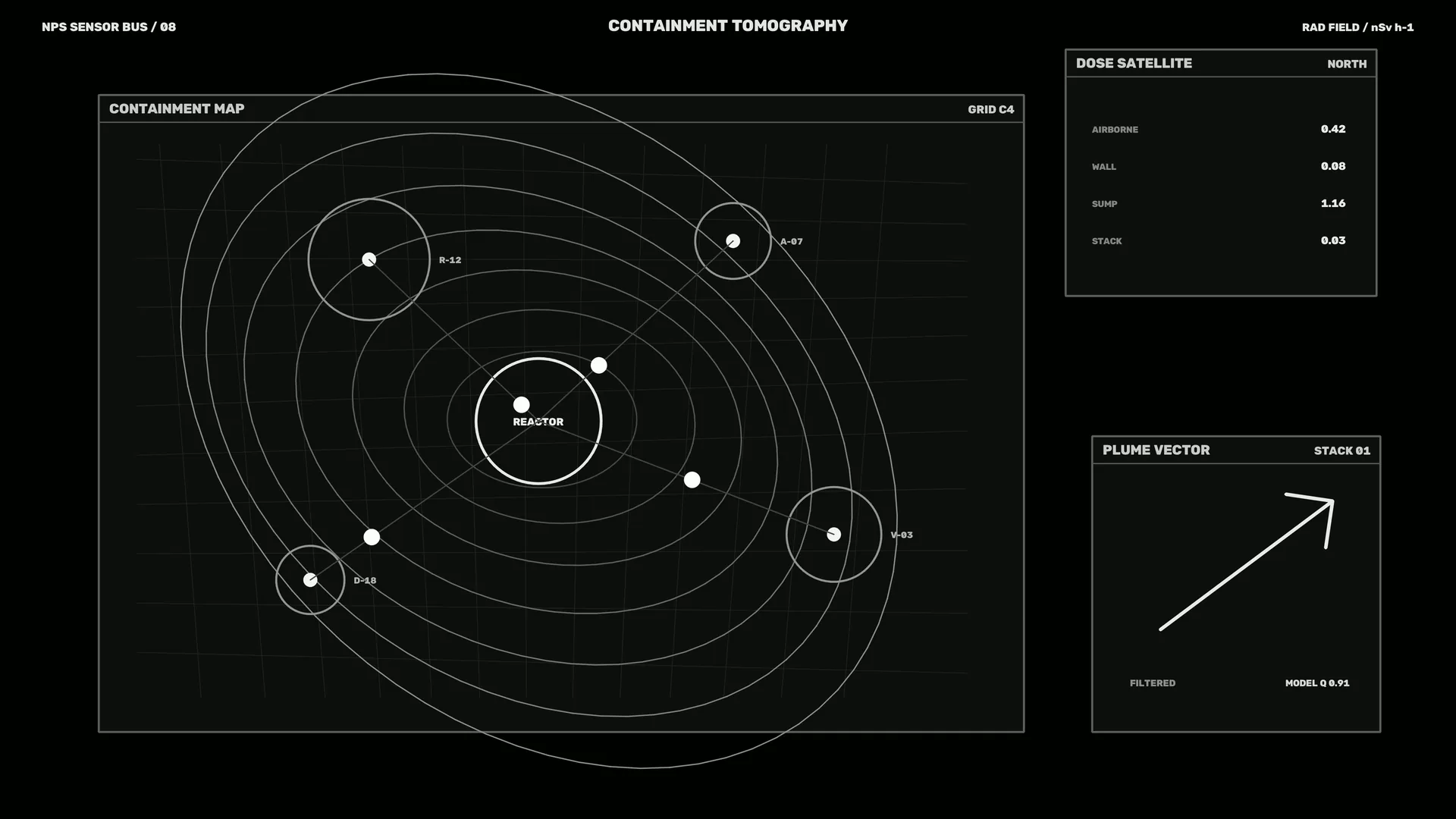 Monochrome containment map with orbital rings — containment map wallpaper at 3840x2160