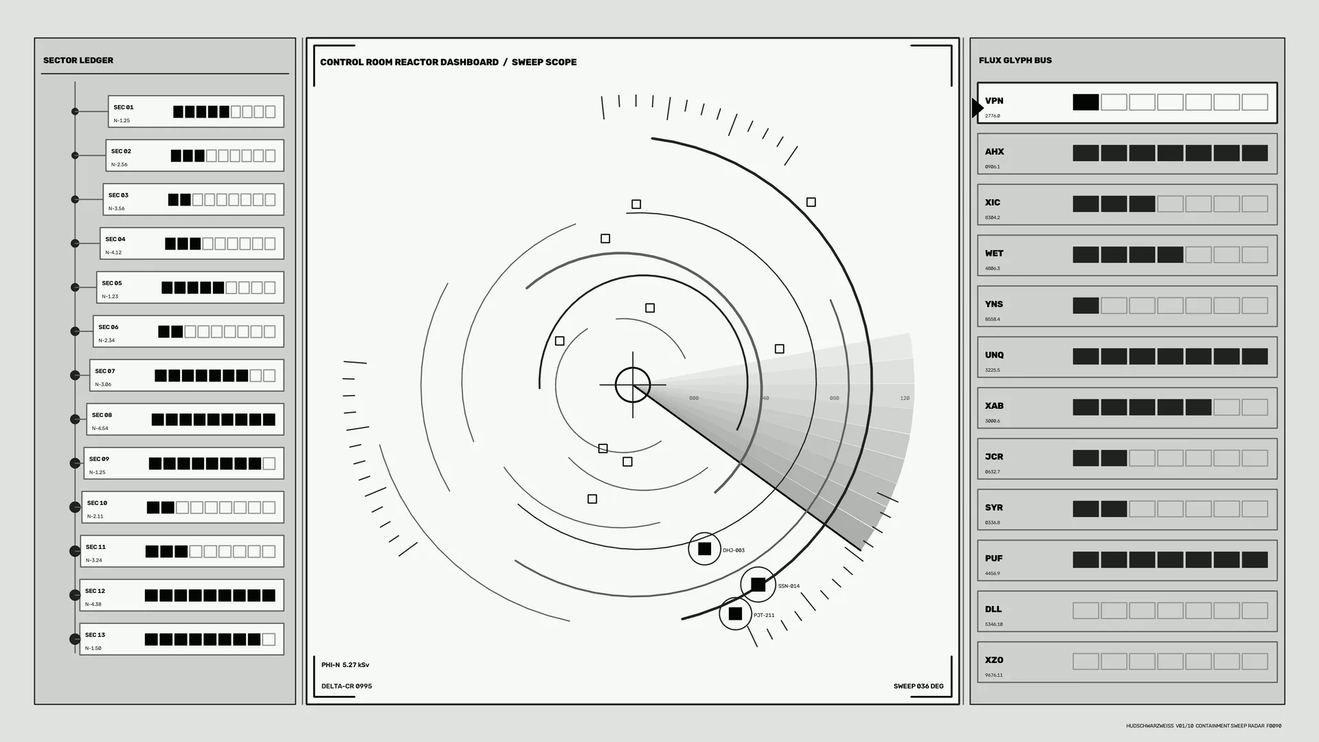 Monochrome reactor dashboard with radial sweep scope — reactor dashboard wallpaper at 3840x2160