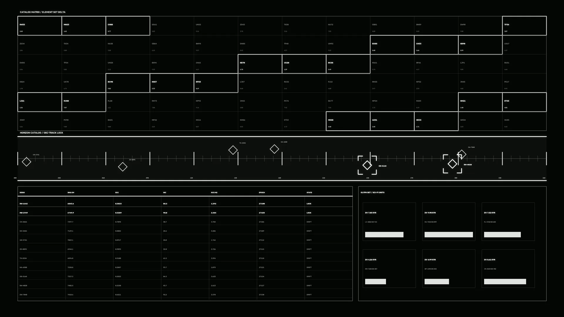 Monochrome orbital catalog with geometric track marks — orbital catalog wallpaper at 3840x2160