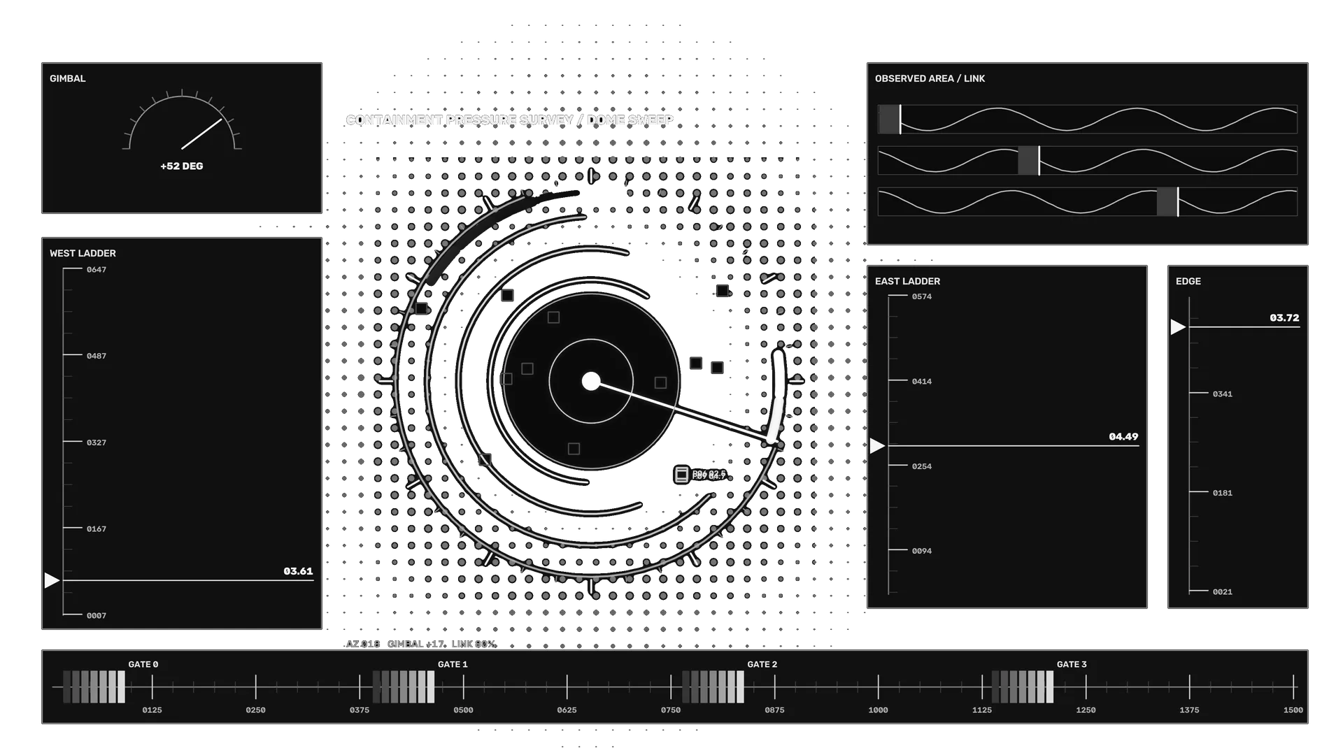 Monochrome orbital survey interface with radial grid — orbital interface wallpaper at 3840x2160