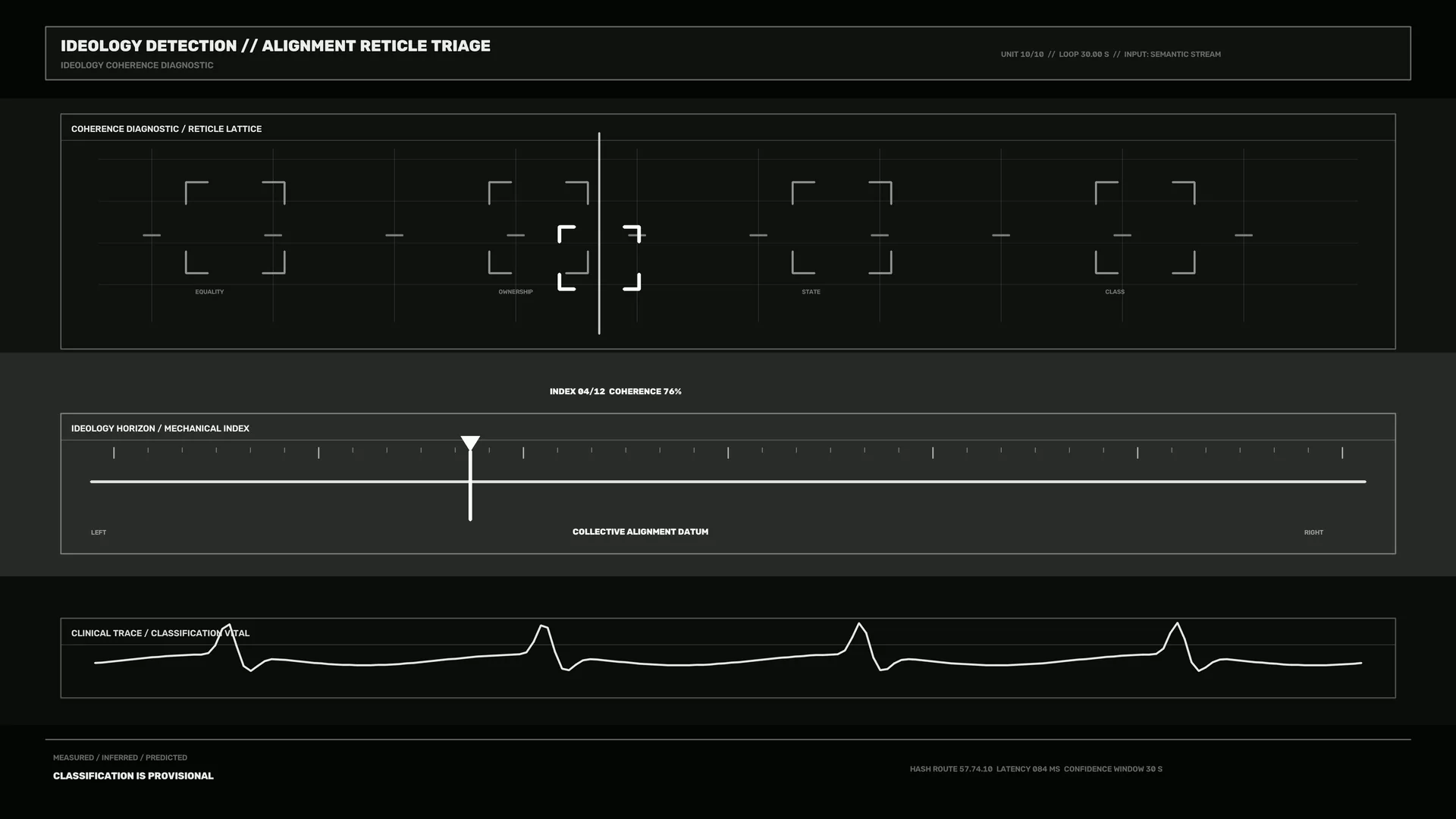 Dark alignment diagnostic with reticle lattice — diagnostic interface wallpaper at 3840x2160