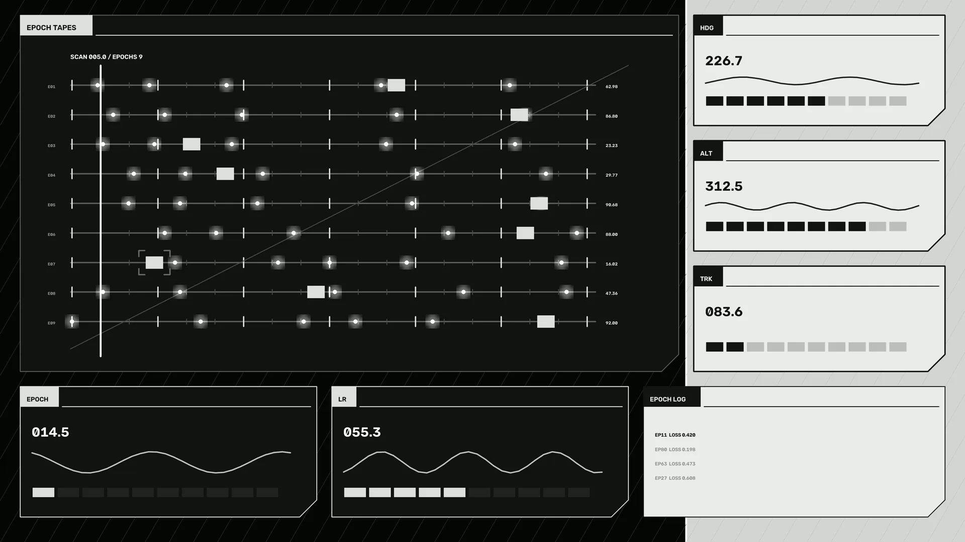 Monochrome data grid with luminous signal points — data interface wallpaper at 3840x2160
