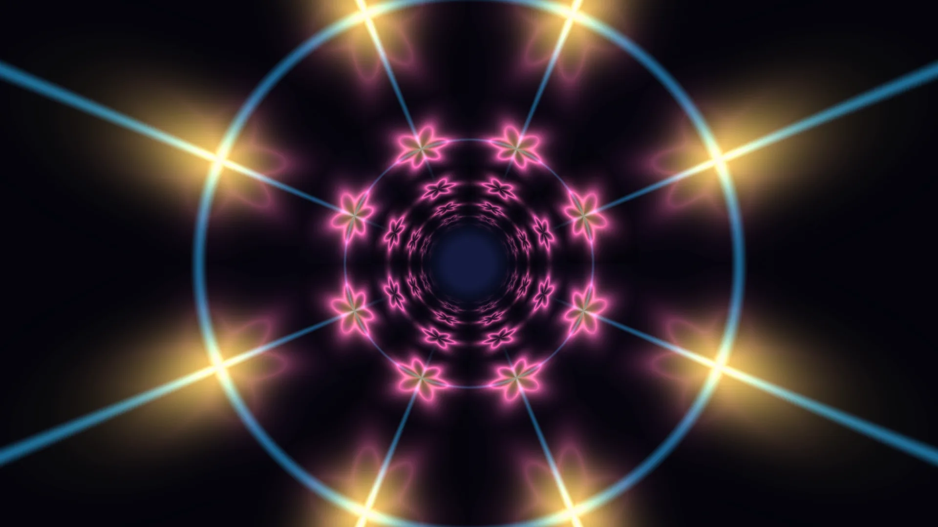 Neon flower mandala in a circular light tunnel — neon mandala wallpaper at 3840x2160