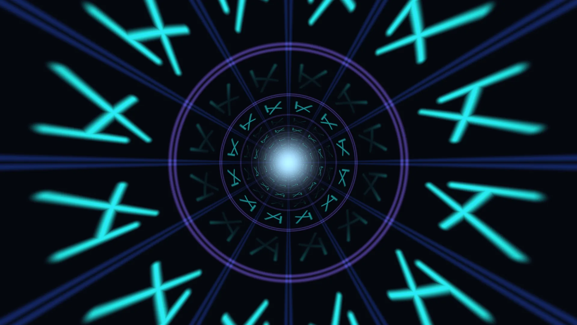 Neon glyphs converging on a luminous centre — neon glyphs wallpaper at 3840x2160
