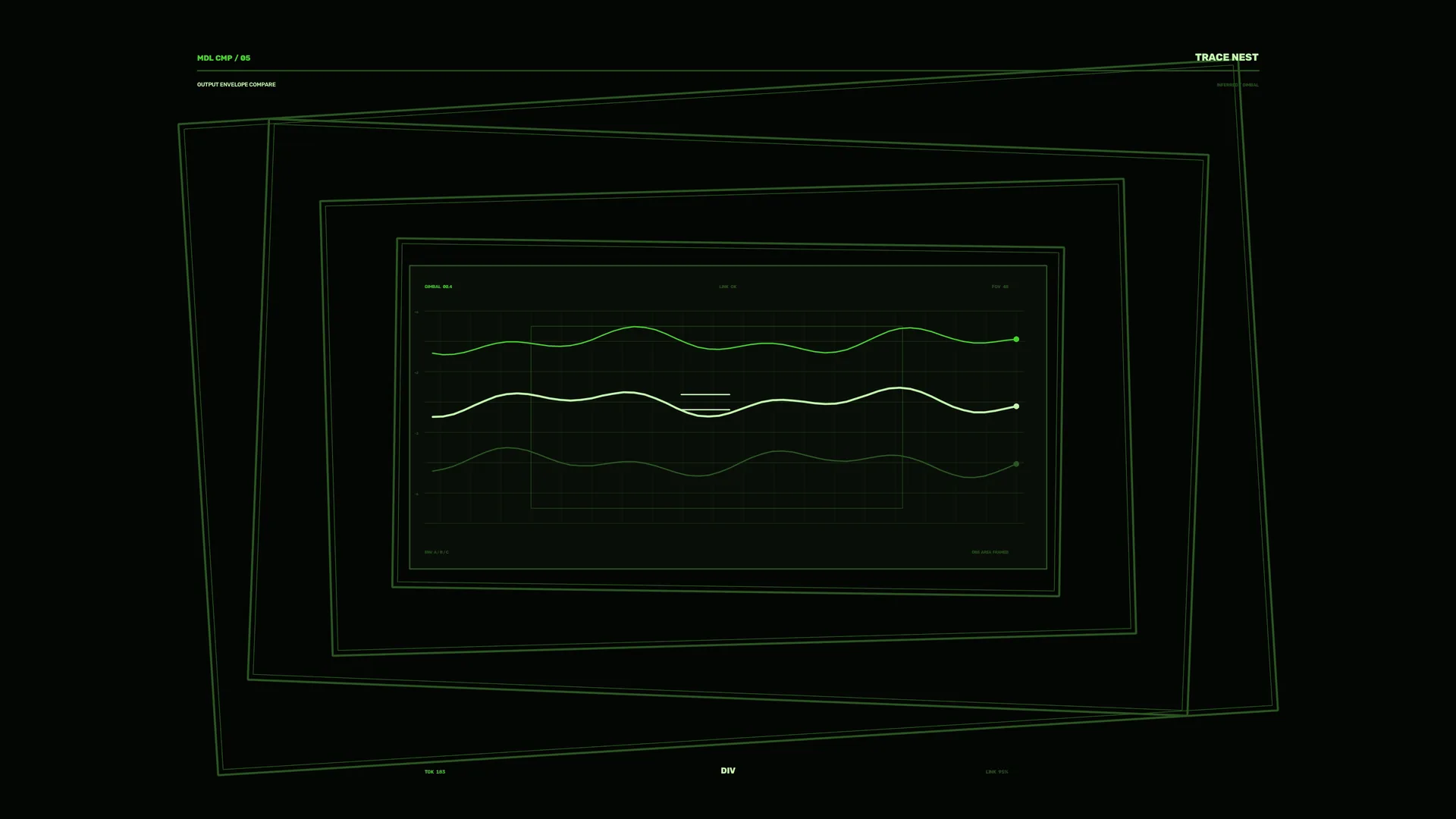 Green waveform grid in layered geometric frames — green wallpaper at 3840x2160