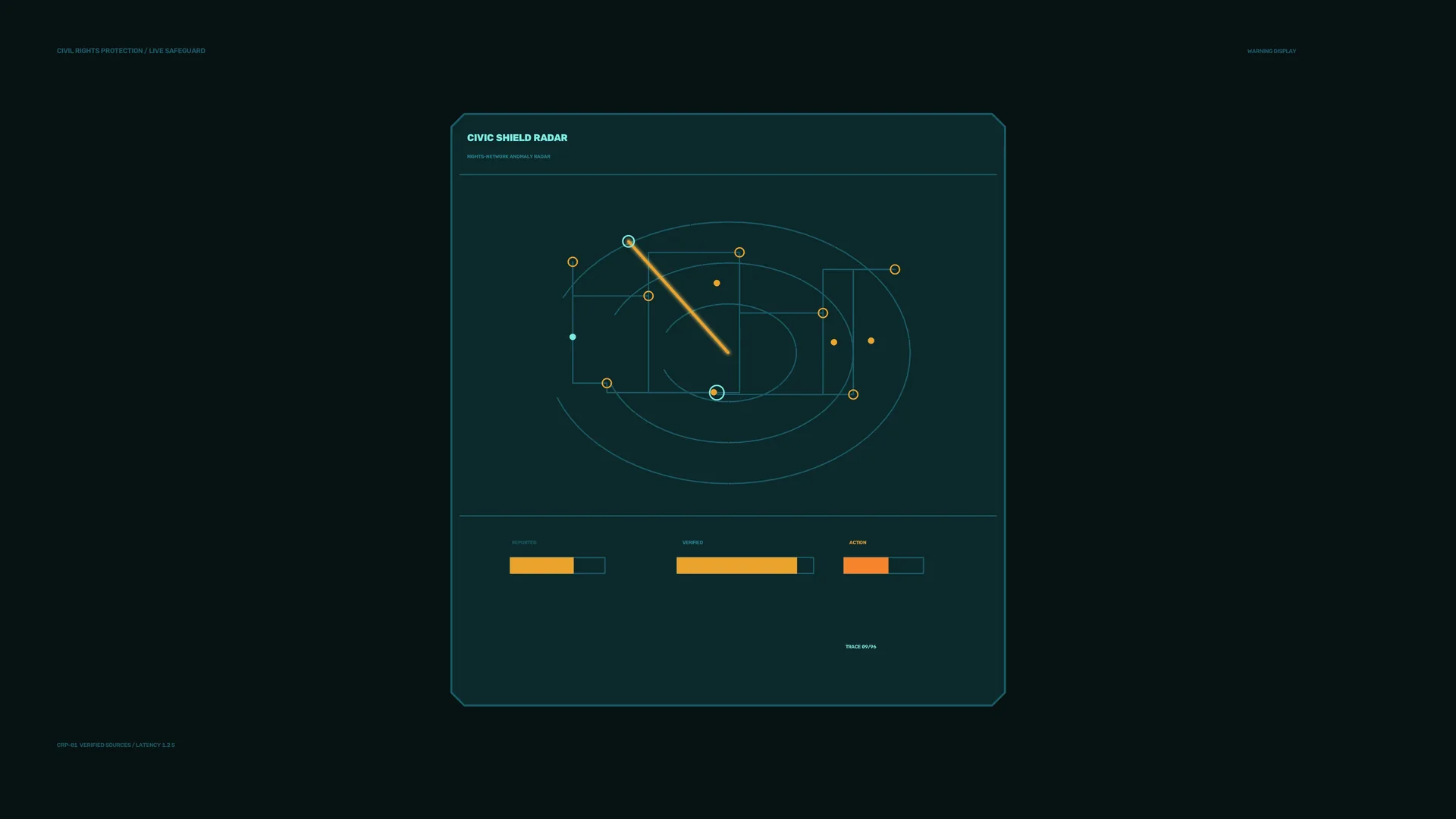 Civic shield radar with orbital signal geometry — radar wallpaper at 3840x2160