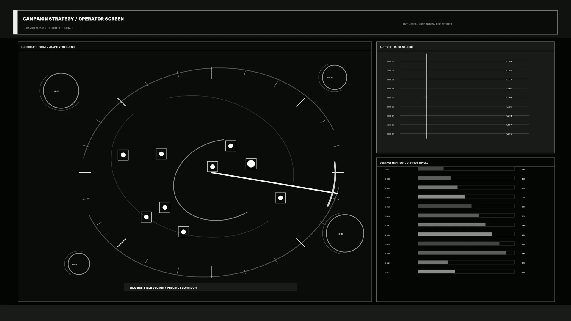 Monochrome orbital radar interface with vector marks — radar interface wallpaper at 3840x2160
