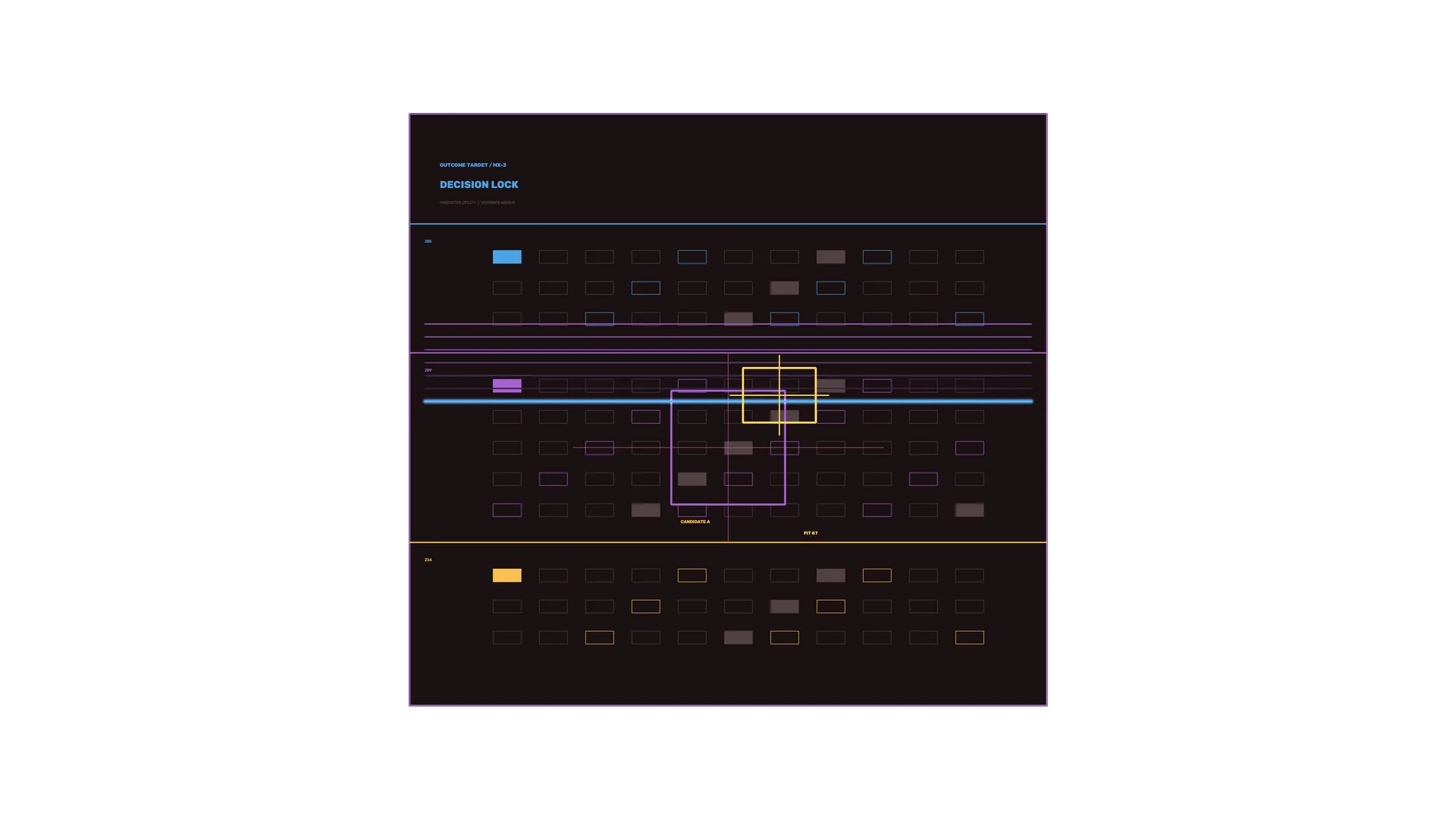 Neon decision grid on a dark field — geometric interface wallpaper at 3840x2160