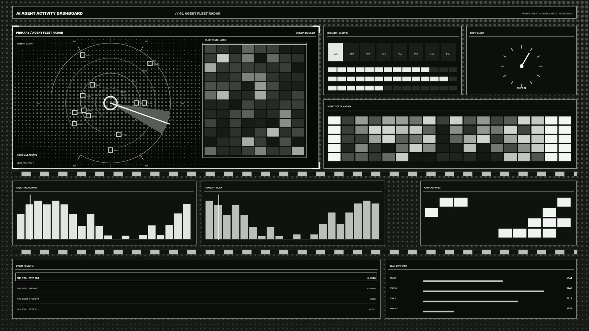 Monochrome Agent Activity Dashboard Interface — dashboard wallpaper at 3840x2160