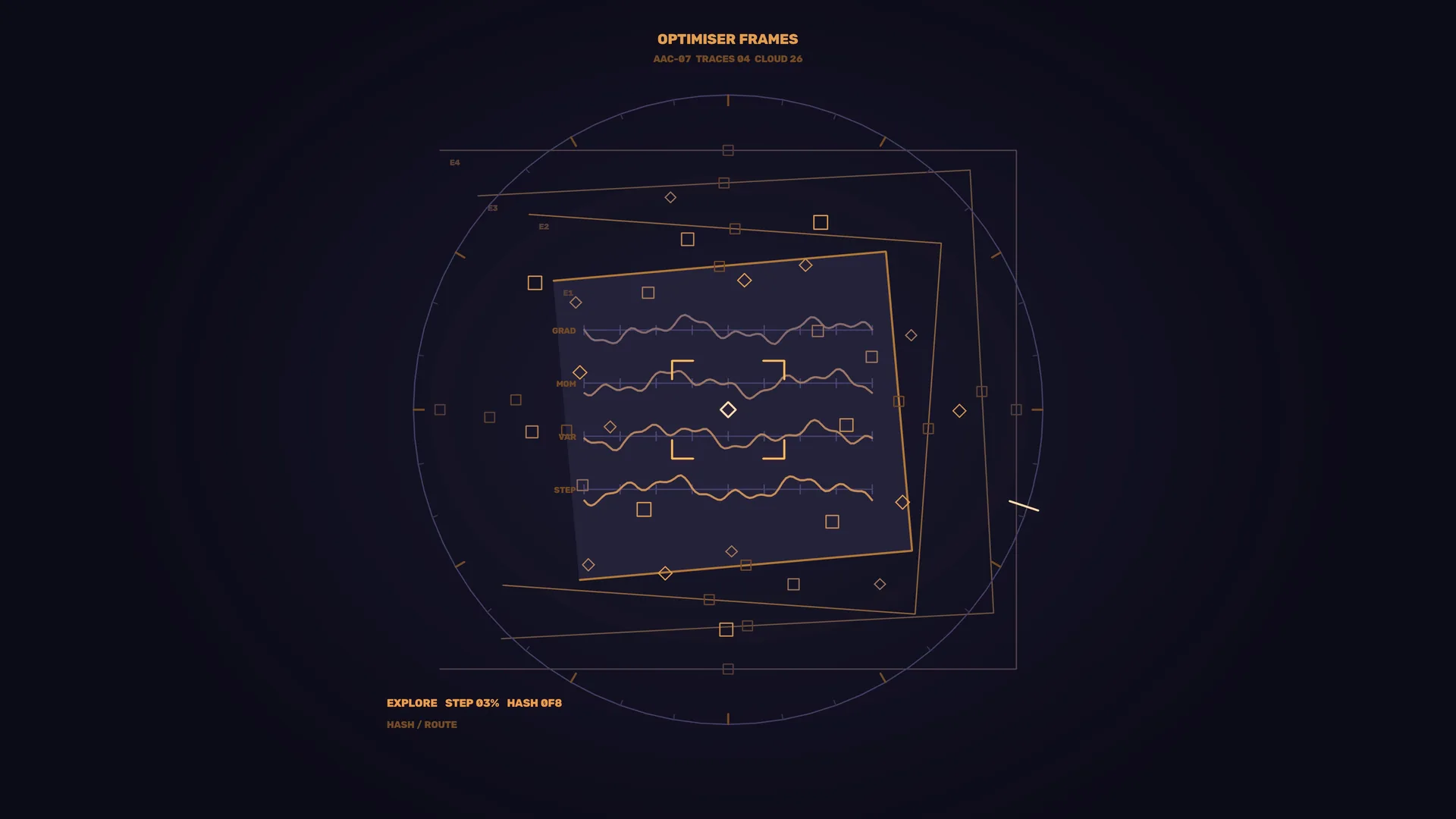 Amber waveform geometry on a midnight field — abstract interface wallpaper at 3840x2160