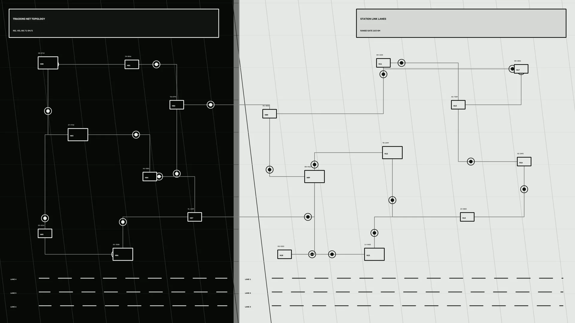 Split-tone orbital network diagram — network diagram wallpaper at 3840x2160