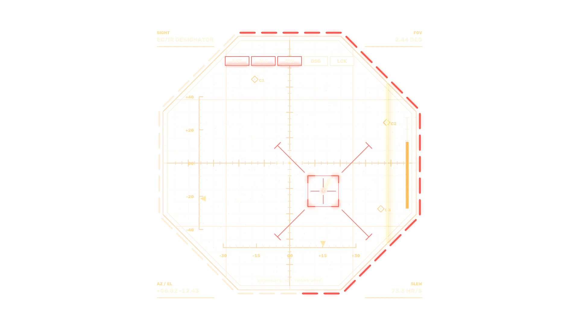 Orbital targeting grid in amber and red light — optical tracking wallpaper at 3840x2160