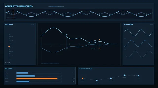 Blue Harmonic Waveform Dashboard on Dark Grid — waveform wallpaper at 3840x2160