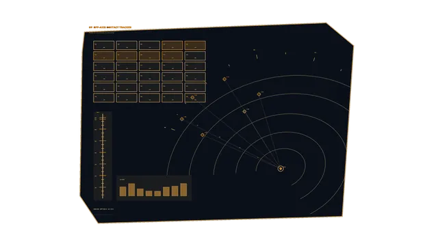 Orbital contact tracker in amber linework — orbital diagram wallpaper at 3840x2160