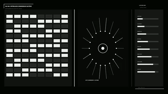 Interlock matrix with radial signal diagram — technical interface wallpaper at 3840x2160