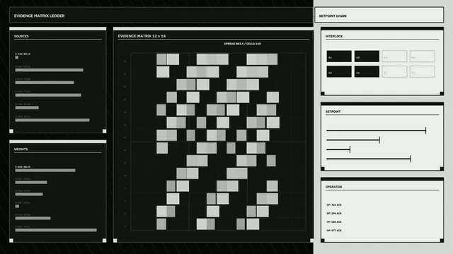 Evidence matrix with monochrome data panels — data interface wallpaper at 3840x2160