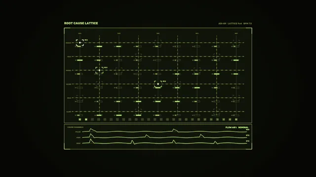 Luminous green root cause lattice on black — technical grid wallpaper at 3840x2160