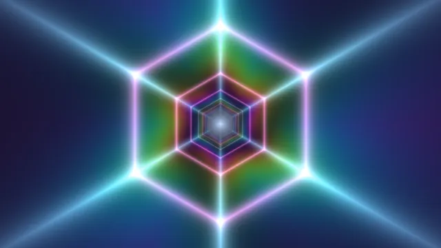 Neon hexagonal geometry in deep blue space — neon geometry wallpaper at 3840x2160