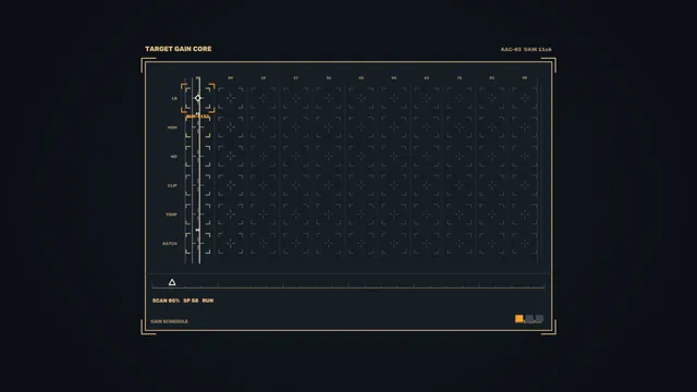 Dark gain schedule with amber calibration marks — technical panel wallpaper at 3840x2160