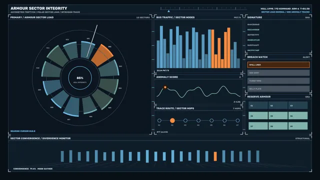Dark sci-fi armour sector diagnostic dashboard — sci fi interface wallpaper at 3840x2160
