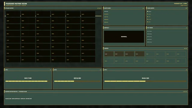 Passage matrix interface in olive and gold — navigation interface wallpaper at 3840x2160