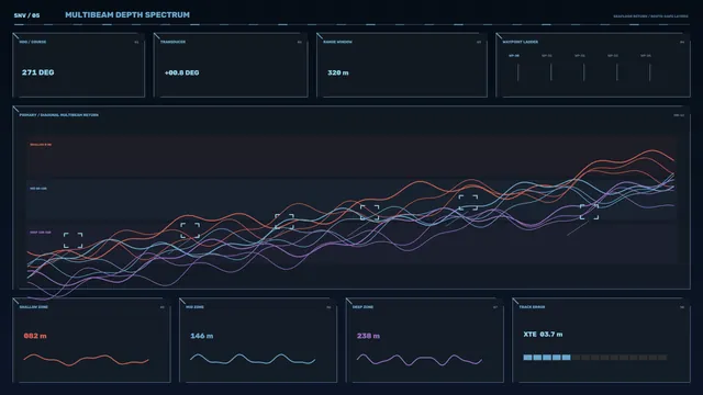 Multibeam depth spectrum with layered signal lines — sonar dashboard wallpaper at 3840x2160