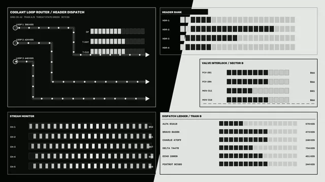 Monochrome industrial control system diagram — industrial dashboard wallpaper at 3840x2160