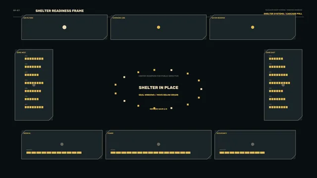 Shelter readiness interface in amber and charcoal — shelter interface wallpaper at 3840x2160