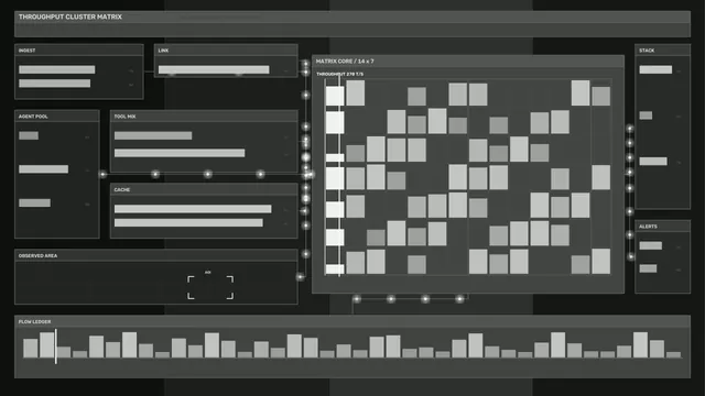 Monochrome throughput matrix with modular data panels — systems dashboard wallpaper at 3840x2160