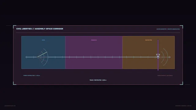 Assembly-space corridor in measured geometry — geometric diagram wallpaper at 3840x2160