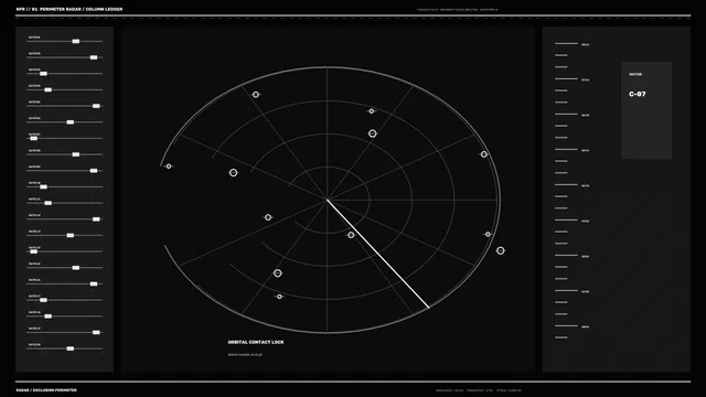 Monochrome orbital radar diagram with perimeter gates — radar wallpaper at 3840x2160