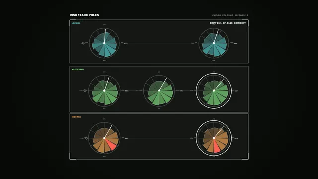Risk stack dashboard with radial data charts — risk dashboard wallpaper at 3840x2160