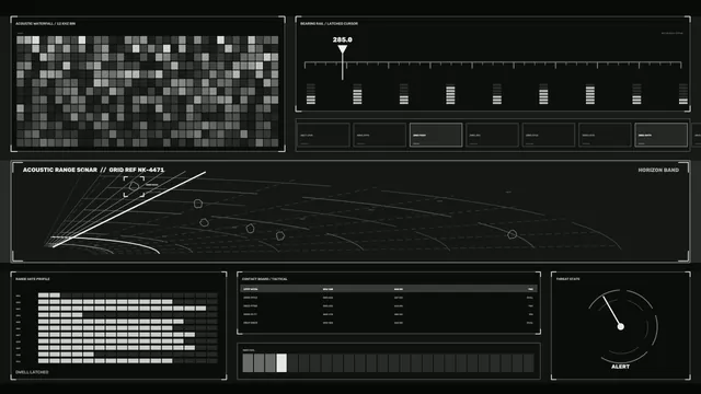 Monochrome sonar interface with geometric panels — sonar interface wallpaper at 3840x2160