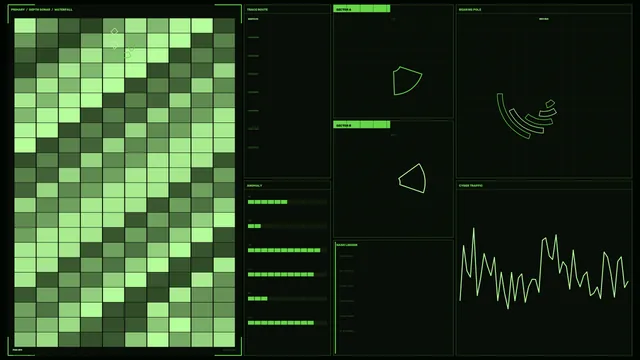 Luminous green grid with orbital data panels — green interface wallpaper at 3840x2160