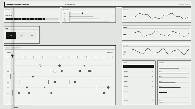 Monochrome AI activity dashboard with timeline — dashboard wallpaper at 3840x2160