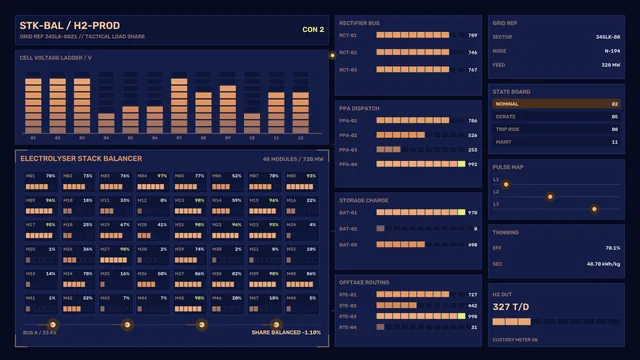 Electrolyser control board in navy and amber — industrial interface wallpaper at 3840x2160