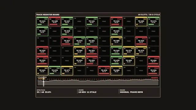 Retro track register board with neon status cells — track register wallpaper at 3840x2160