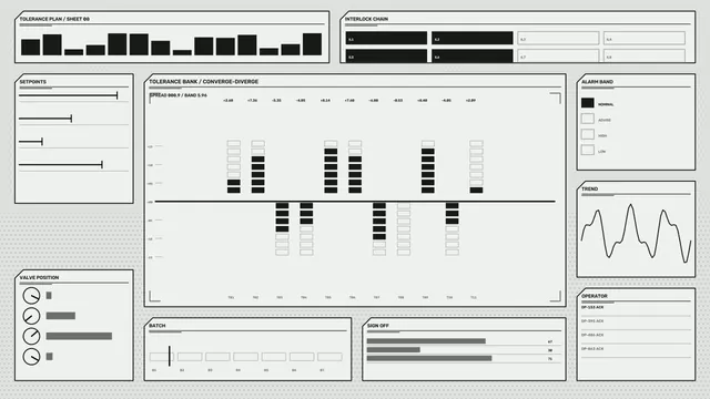 Monochrome industrial tolerance control dashboard — industrial dashboard wallpaper at 3840x2160